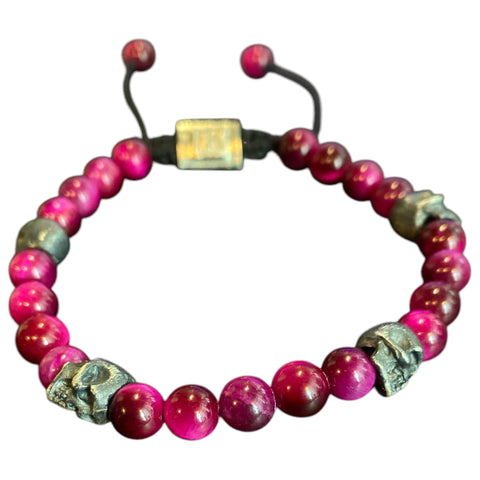 5 SKULLS PINK TIGER EYE BRACELET