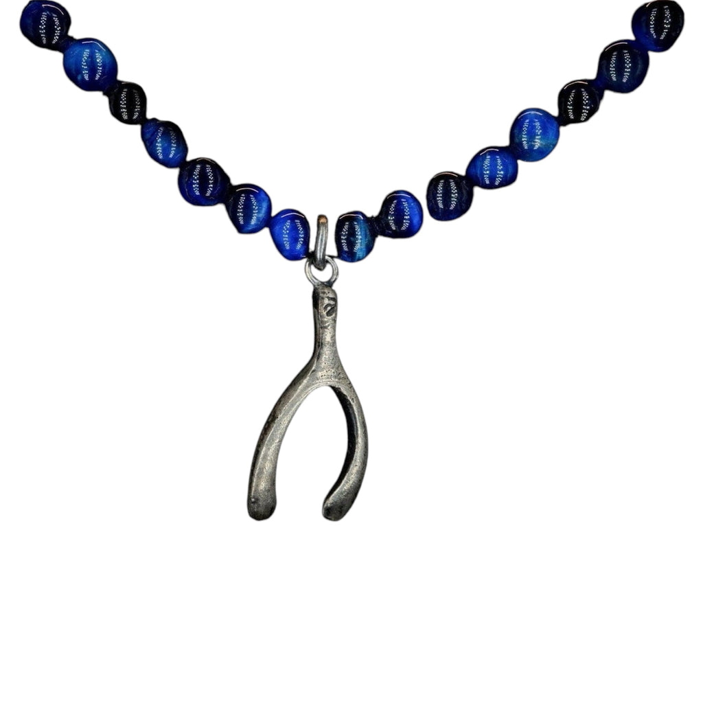 BLUE TIGER EYE WISHBONE NECKLACE