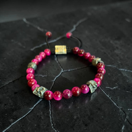 5 SKULLS PINK TIGER EYE BRACELET