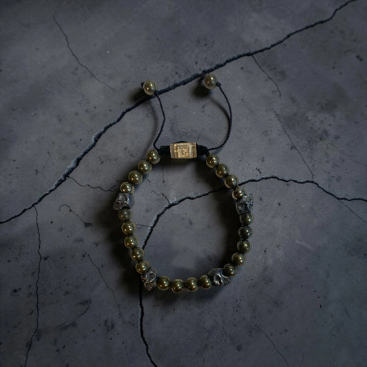5 SKULLS ROUND PIRITE BRACELET