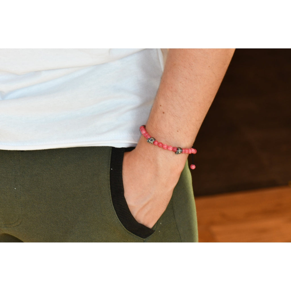 5 SKULLS CRACKLE PINK QUARTZ BRACELET